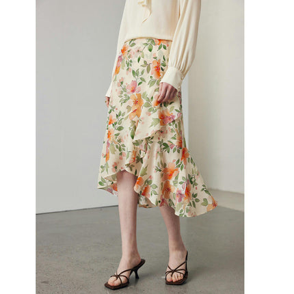 Womens Floral Print Midi Skirt Silk High Waist Elegant Asymmetric Ruffle Skirts