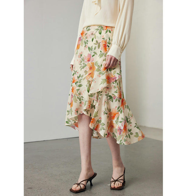 Womens Floral Print Midi Skirt Silk High Waist Elegant Asymmetric Ruffle Skirts