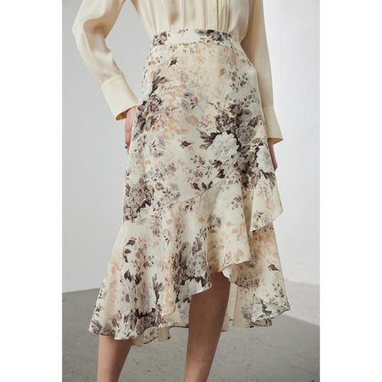Womens Floral Print Midi Skirt Silk High Waist Elegant Asymmetric Ruffle Skirts