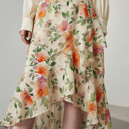 Womens Floral Print Midi Skirt Silk High Waist Elegant Asymmetric Ruffle Skirts
