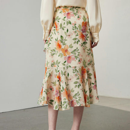 Womens Floral Print Midi Skirt Silk High Waist Elegant Asymmetric Ruffle Skirts
