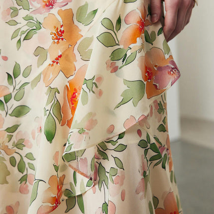 Womens Floral Print Midi Skirt Silk High Waist Elegant Asymmetric Ruffle Skirts