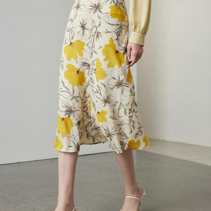Womens Floral Print Skirt High Waist Silk Skirt Casual Mid-Length A Link Skirts