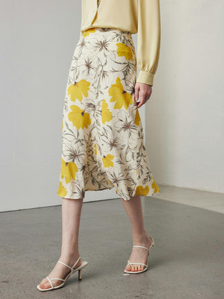 Womens Floral Print Skirt High Waist Silk Skirt Casual Mid-Length A Link Skirts