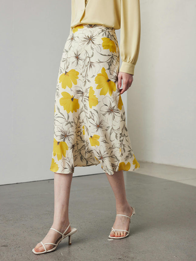 Womens Floral Print Skirt High Waist Silk Skirt Casual Mid-Length A Link Skirts