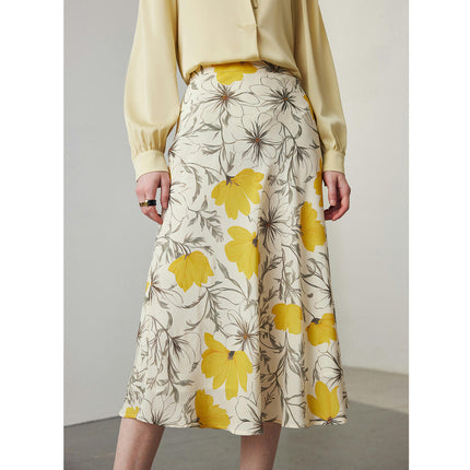 Womens Floral Print Skirt High Waist Silk Skirt Casual Mid-Length A Link Skirts