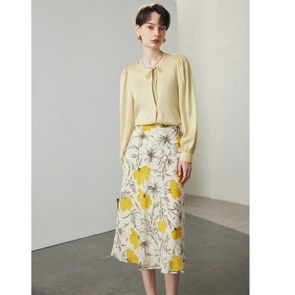 Womens Floral Print Skirt High Waist Silk Skirt Casual Mid-Length A Link Skirts