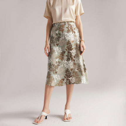Silk Skirts for Women Floral Print High Waist Skirt Elegant Midi Skirt