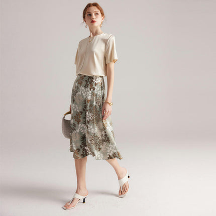 Silk Skirts for Women Floral Print High Waist Skirt Elegant Midi Skirt