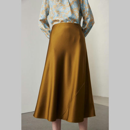 Womens Satin High Waisted Silk Midi Skirts Casual A line Skirt