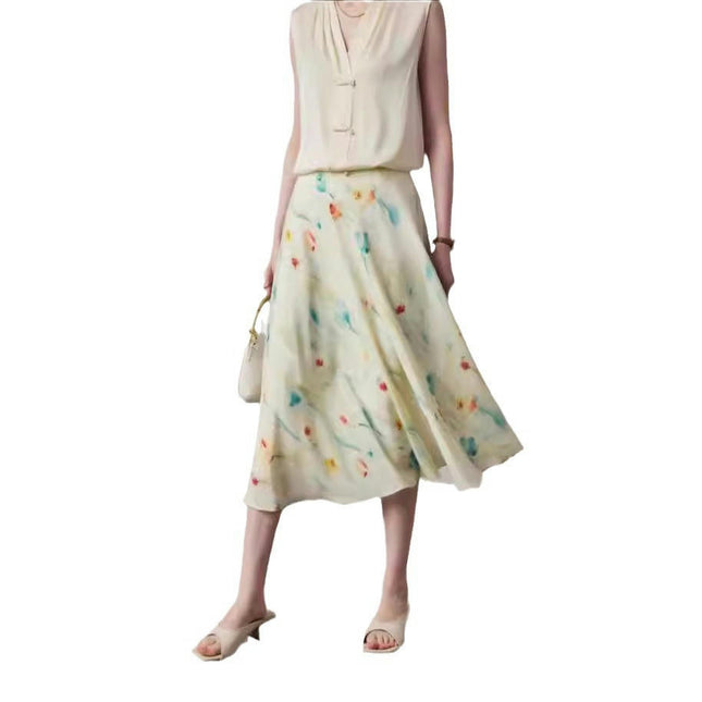 Womens Floral Print Silk Skirt Midi Length High Waist A line Skirts