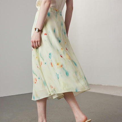 Womens Floral Print Silk Skirt Midi Length High Waist A line Skirts