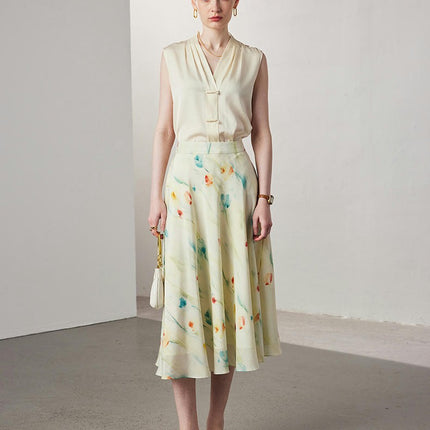 Womens Floral Print Silk Skirt Midi Length High Waist A line Skirts