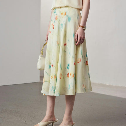 Womens Floral Print Silk Skirt Midi Length High Waist A line Skirts