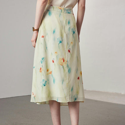 Womens Floral Print Silk Skirt Midi Length High Waist A line Skirts