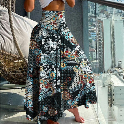 Women Summer Boho Flowy Elastic High Waist A-Line Swing Floral Maxi Long Skirts