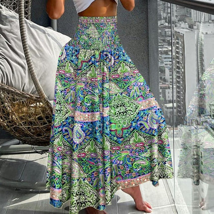 Women Summer Boho Flowy Elastic High Waist A-Line Swing Floral Maxi Long Skirts