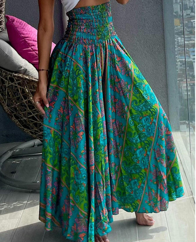Women Summer Boho Flowy Elastic High Waist A-Line Swing Floral Maxi Long Skirts