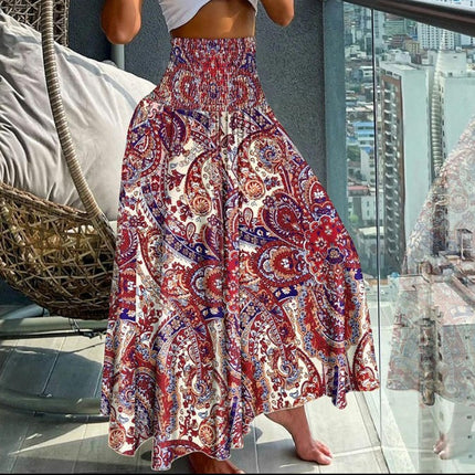 Women Summer Boho Flowy Elastic High Waist A-Line Swing Floral Maxi Long Skirts