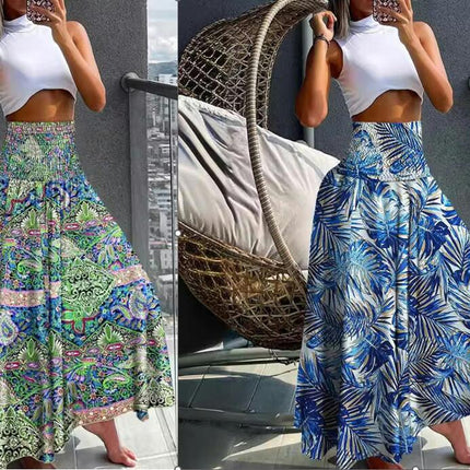 Women Summer Boho Flowy Elastic High Waist A-Line Swing Floral Maxi Long Skirts