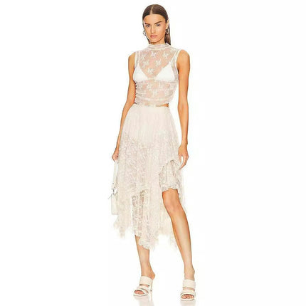 Womens Lace Long Skirts Asymmetrical Layered See-Through Flowy Maxi Skirt