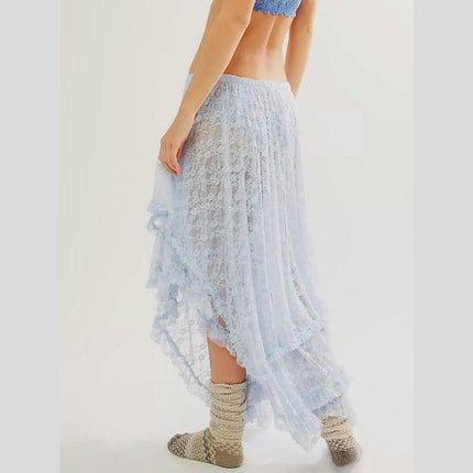 Womens Lace Long Skirts Asymmetrical Layered See-Through Flowy Maxi Skirt