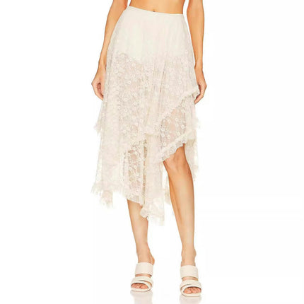 Womens Lace Long Skirts Asymmetrical Layered See-Through Flowy Maxi Skirt