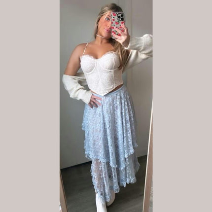 Womens Lace Long Skirts Asymmetrical Layered See-Through Flowy Maxi Skirt
