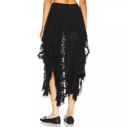 Womens Lace Long Skirts Asymmetrical Layered See-Through Flowy Maxi Skirt