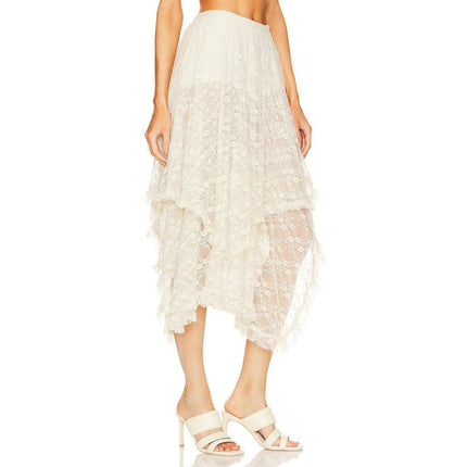 Womens Lace Long Skirts Asymmetrical Layered See-Through Flowy Maxi Skirt