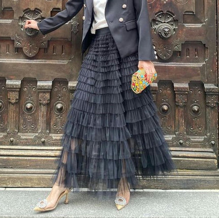 Womens Maxi Tulle Skirts A Line High Waisted Tiered Layered Tutu Pleated Mesh Long Skirt