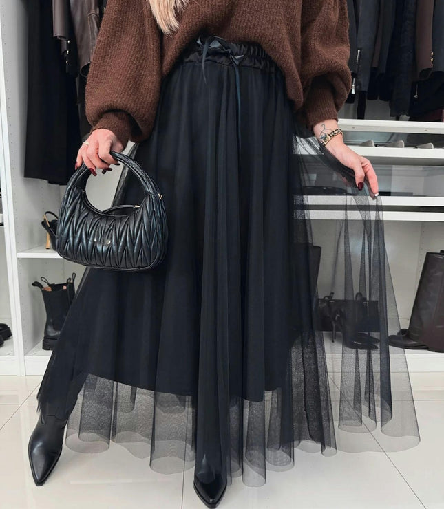 Women's Tulle Skirts Elastic High Waist Pleated Mesh Flowy A-Line Party Long Tutu Skirts