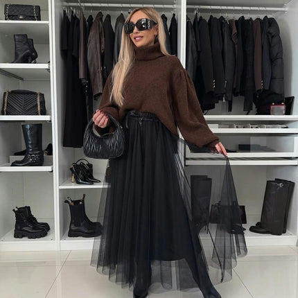 Women's Tulle Skirts Elastic High Waist Pleated Mesh Flowy A-Line Party Long Tutu Skirts