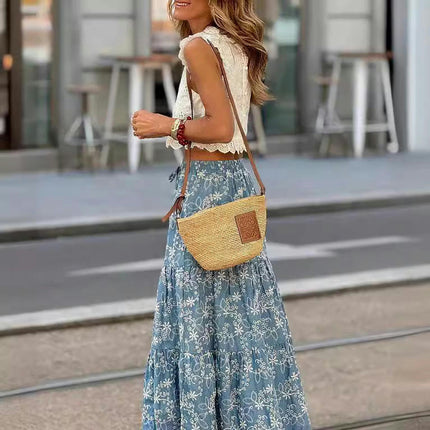 Women's Summer Floral Skirt High Waist Flowy A Line Tiered Boho Maxi Skirt