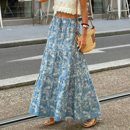 Women's Summer Floral Skirt High Waist Flowy A Line Tiered Boho Maxi Skirt