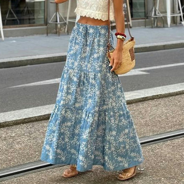 Women's Summer Floral Skirt High Waist Flowy A Line Tiered Boho Maxi Skirt
