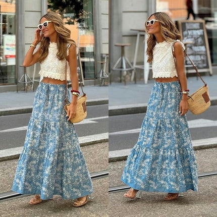 Women's Summer Floral Skirt High Waist Flowy A Line Tiered Boho Maxi Skirt