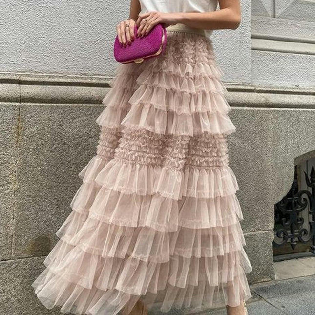 Women's Elastic Waist Tiered Layered Mesh Tulle Tutu A-line Long Skirt