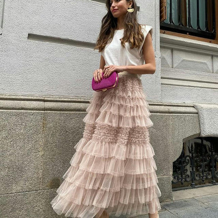 Women's Elastic Waist Tiered Layered Mesh Tulle Tutu A-line Long Skirt