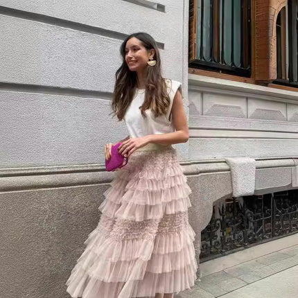 Women's Elastic Waist Tiered Layered Mesh Tulle Tutu A-line Long Skirt
