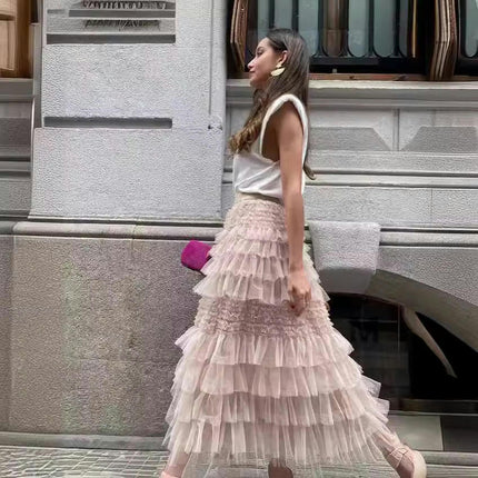 Women's Elastic Waist Tiered Layered Mesh Tulle Tutu A-line Long Skirt