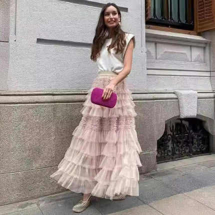 Women's Elastic Waist Tiered Layered Mesh Tulle Tutu A-line Long Skirt