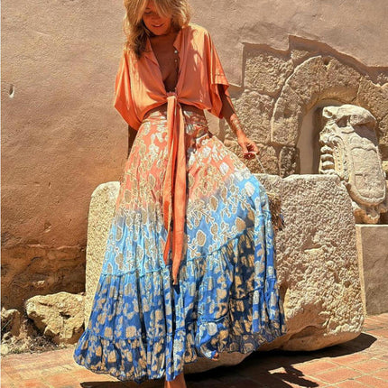 Women Floral Flowy Long Skirts Summer Beach High Waisted Casual Maxi Skirts