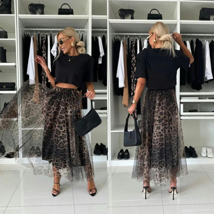 Women's Leopard Print Tulle Skirt Elastic Waist Mesh A Line Tutu Skirt