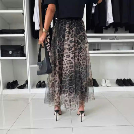 Women's Leopard Print Tulle Skirt Elastic Waist Mesh A Line Tutu Skirt