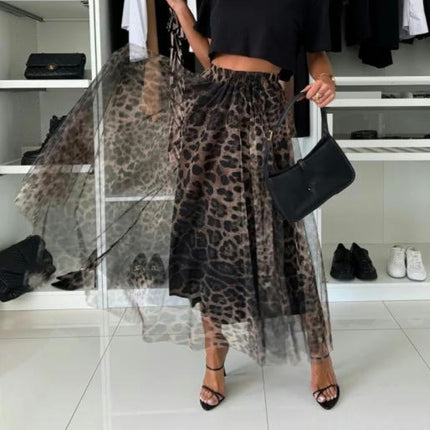 Women's Leopard Print Tulle Skirt Elastic Waist Mesh A Line Tutu Skirt