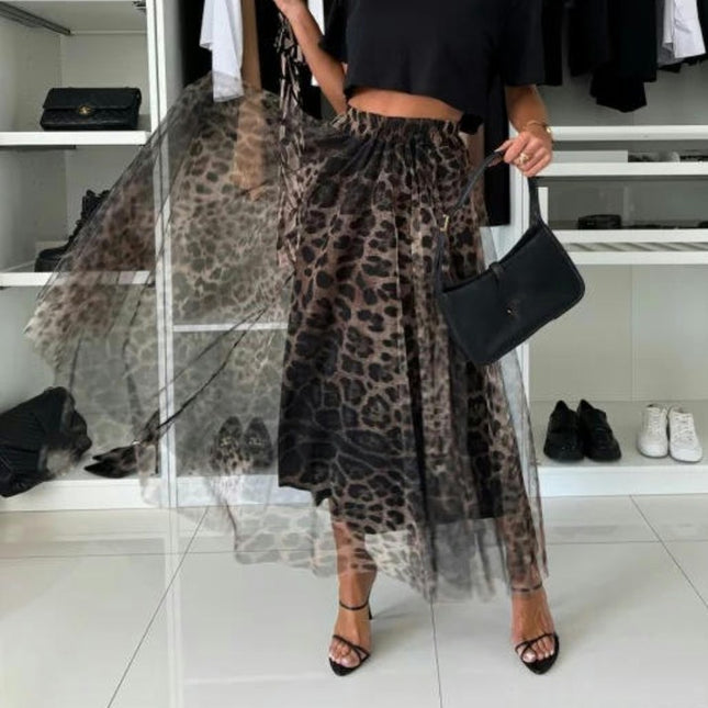 Women's Leopard Print Tulle Skirt Elastic Waist Mesh A Line Tutu Skirt