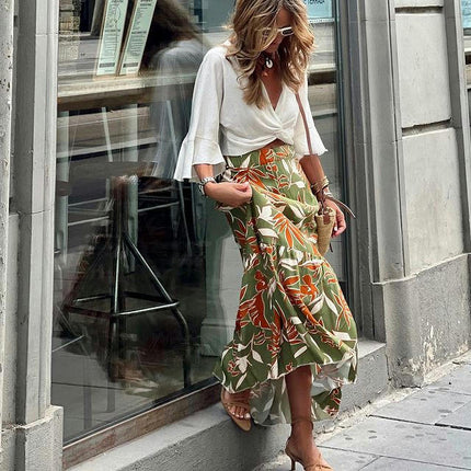 Women's Boho Floral Print Long Skirts High Waist Ruffle A Line Maxi Skirt