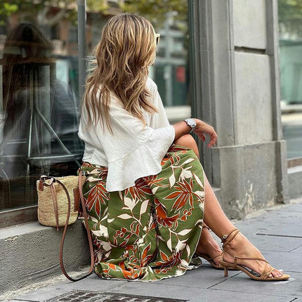 Women's Boho Floral Print Long Skirts High Waist Ruffle A Line Maxi Skirt