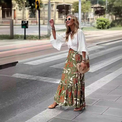 Women's Boho Floral Print Long Skirts High Waist Ruffle A Line Maxi Skirt